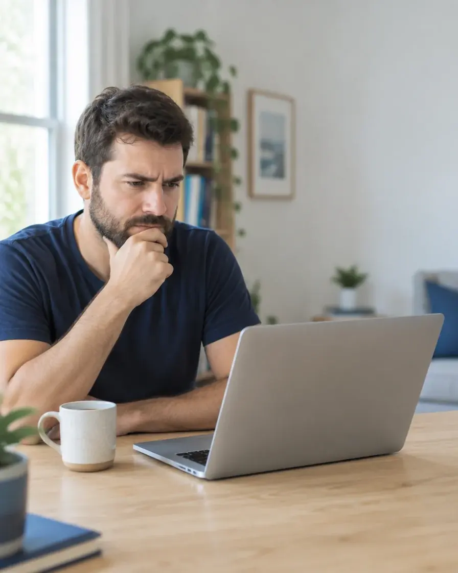 Business owner looking at a laptop, unsure what to ask AI