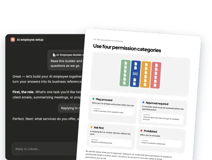 Page 21 of the Starter Kit guide in front of a Claude setup chat