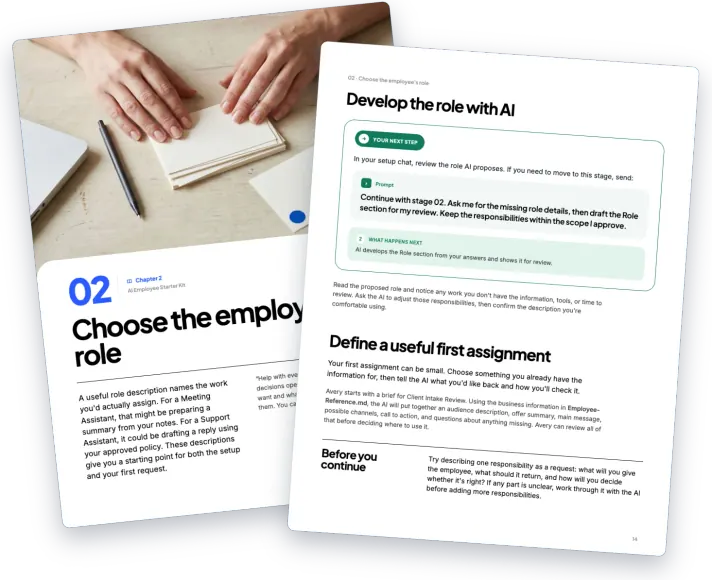 Pages 11 and 14 from the AI Employee Starter Kit guide