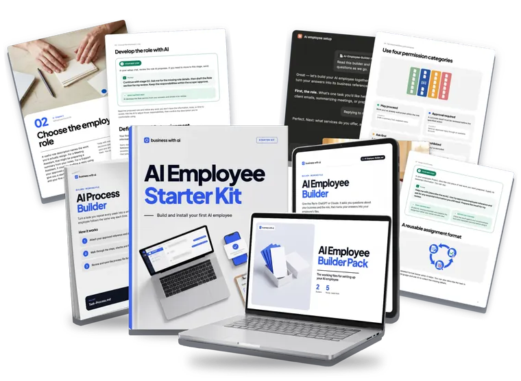 Everything in the AI Employee Starter Kit: the guide, the AI Employee Builder, the Builder Pack, the Process Builder, guide pages and a Claude setup chat