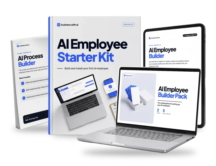AI Employee Starter Kit book, Builder Pack guide on a laptop, AI Employee Builder on a tablet and AI Process Builder document